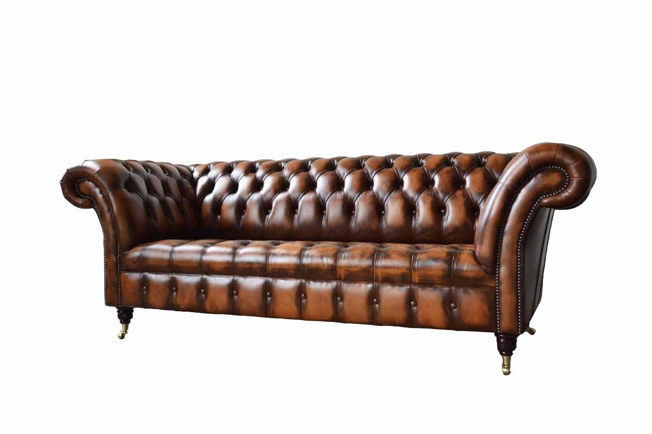 Chesterfield 3 Sitzer Sofa Ledersofa Couch Polster Sitz Braun Sofas Neu