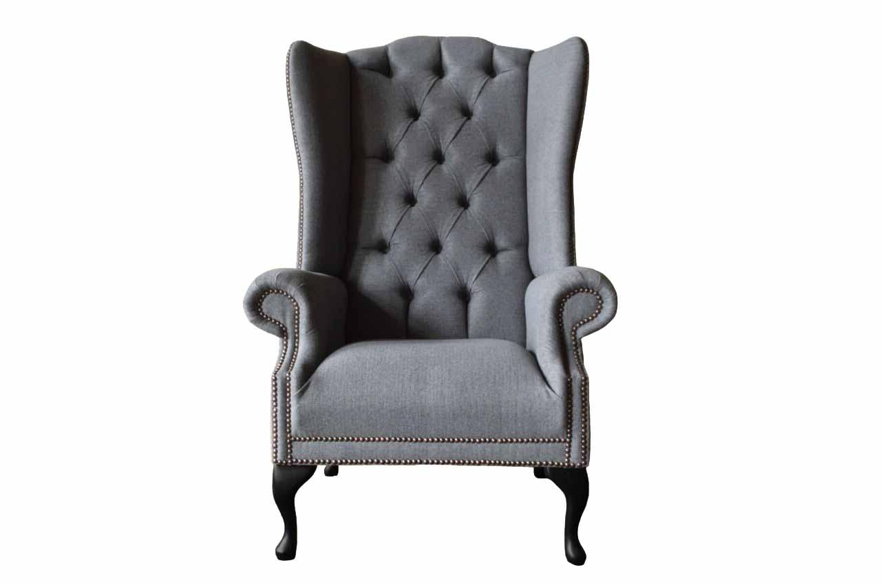 Ohrensessel Chesterfield Sofa Couch Polster 1 Sitzer Grau Sessel Textil