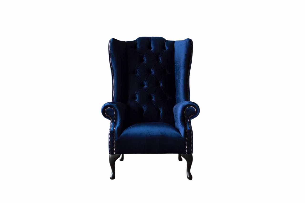 Ohrensessel Chesterfield Sofa Couch Polster 1 Sitzer Sessel Textil Blau