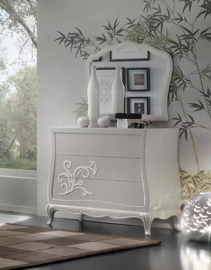 Klassisches Massivholz SideboardLuxus Kommode mit Spiegel Kommoden Konsole Holz Modern Design GrauLuxus Kommode Anrichte Wohnzimmer Möbel