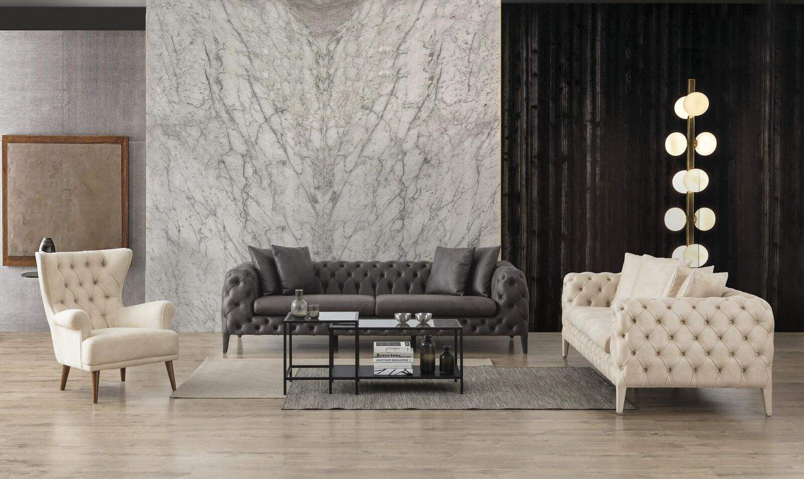 Weiß-Graue Wohnzimmer Chesterfield Sofagarnitur 4+3 Sitzer Luxus Sessel