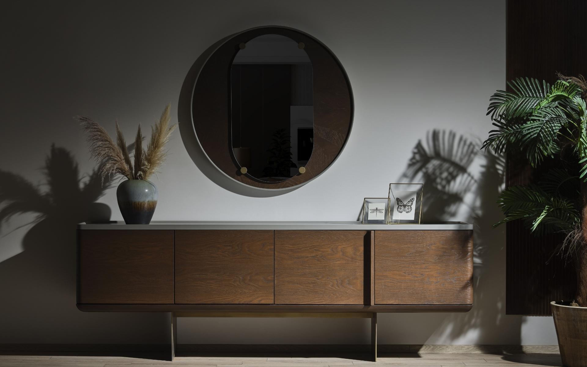Braunes Sideboard Moderne Holzmöbel Luxus Rundspiegel Wohnzimmer 2tlg