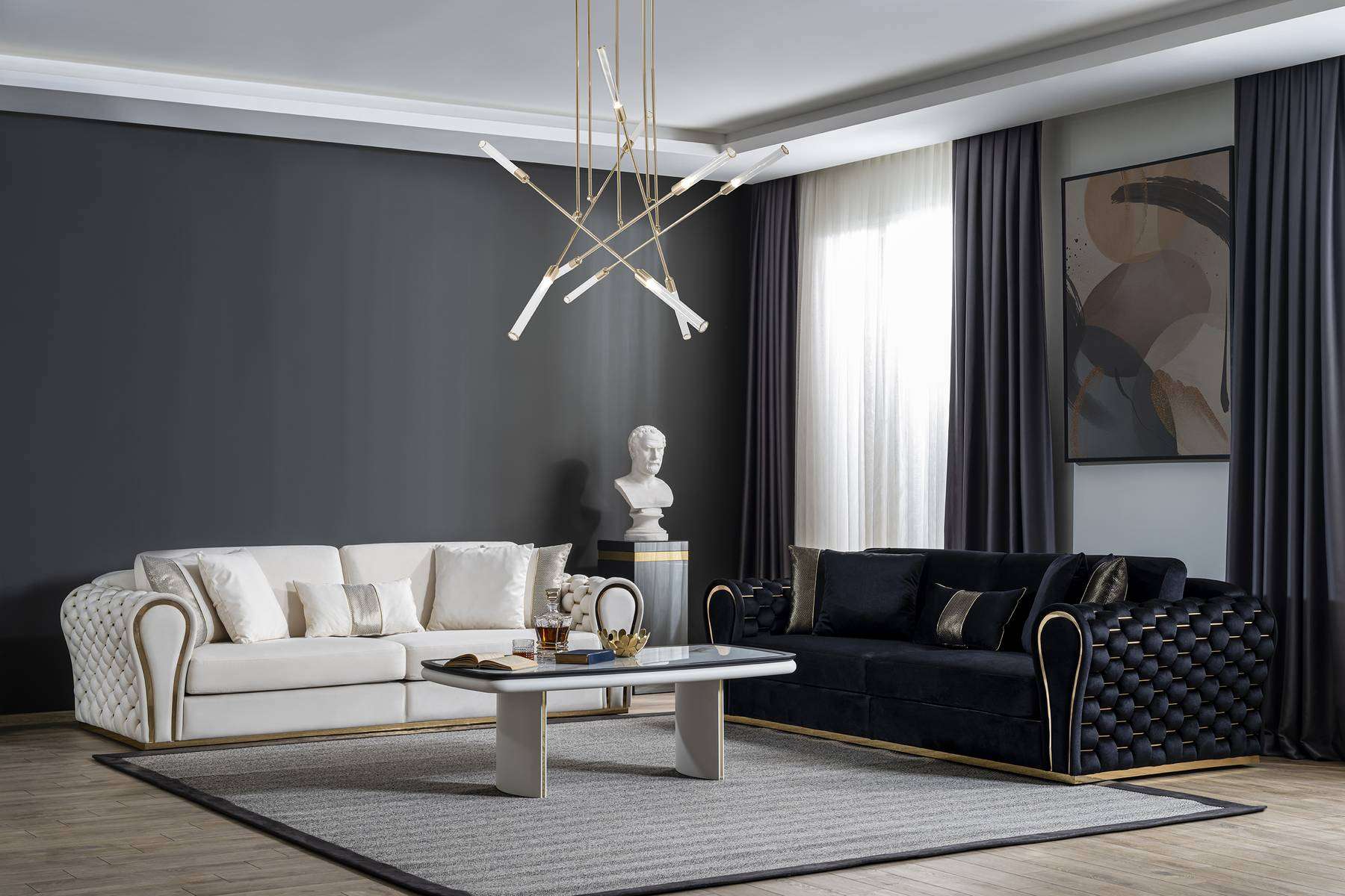 Schwarz Weiße Sofagarnitur 3+3 Designer Sitzer Luxus Polster 2x Sofas