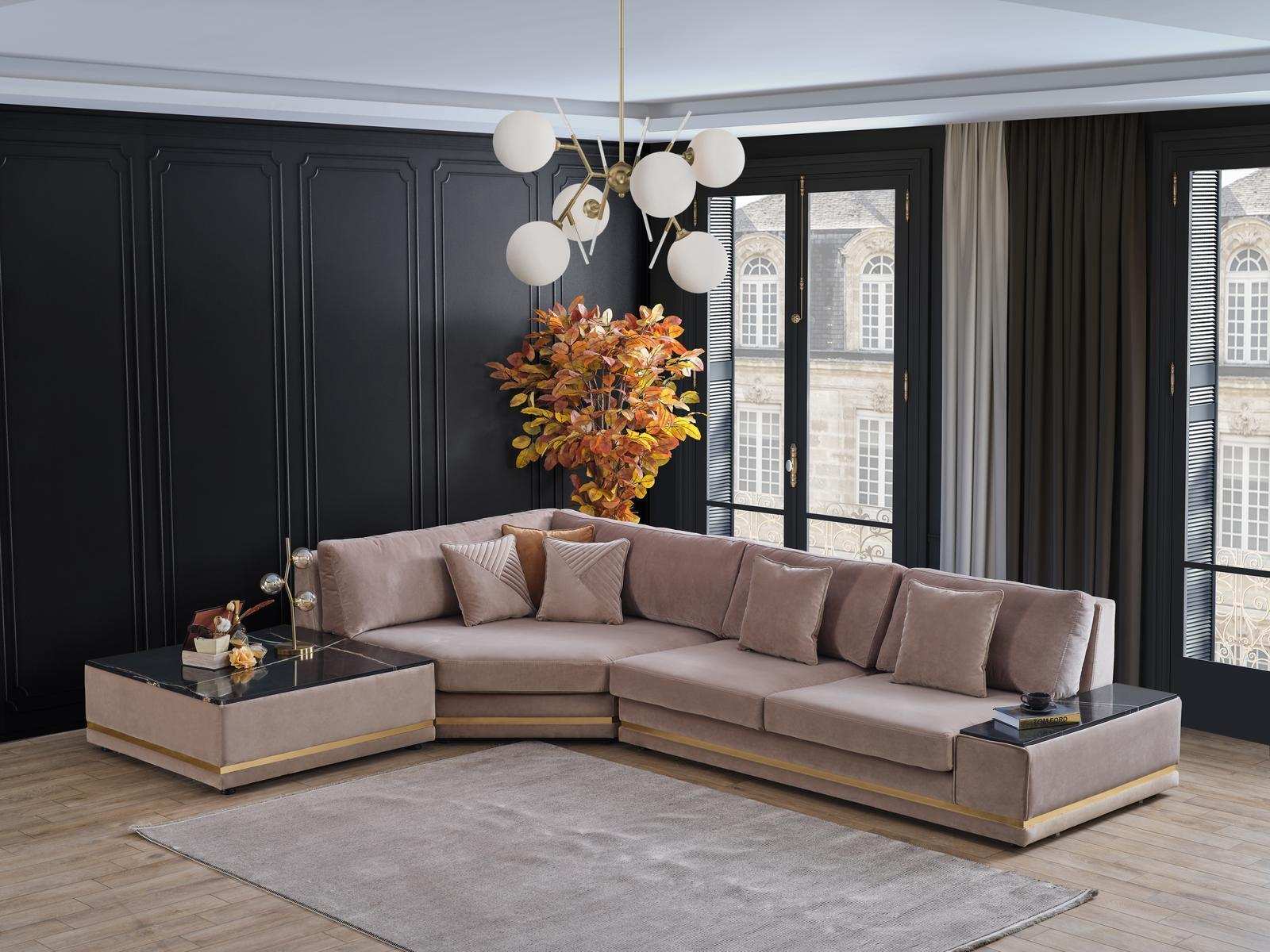 Beiges L-Form Designer Ecksofa Polster Wohnlandschaft Luxuriöses Sofa