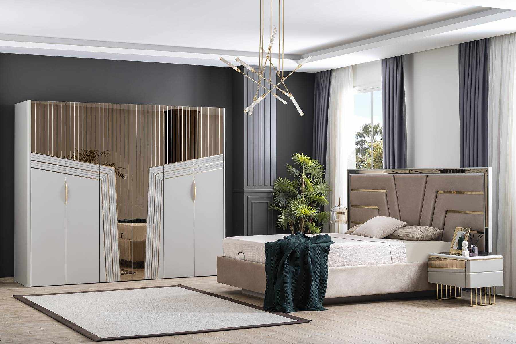 Moderner Schlafzimmer Set Designer Bett 2x Nachttische Kleiderschrank