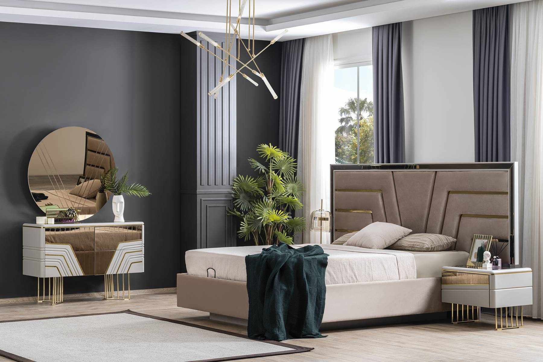 Schlafzimmer Set Bett 2x Nachttische Kommode Spiegel Luxus Set 5tlg