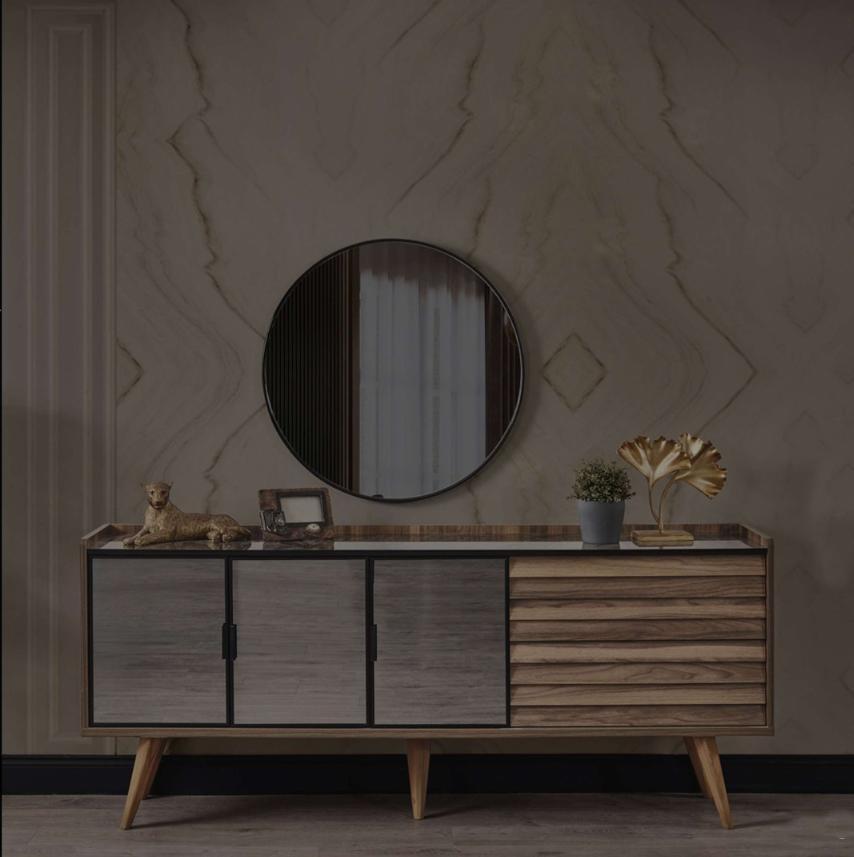 Braunes Esszimmer Set Stilvolles Sideboard Rundspiegel Holzmöbel 2tlg