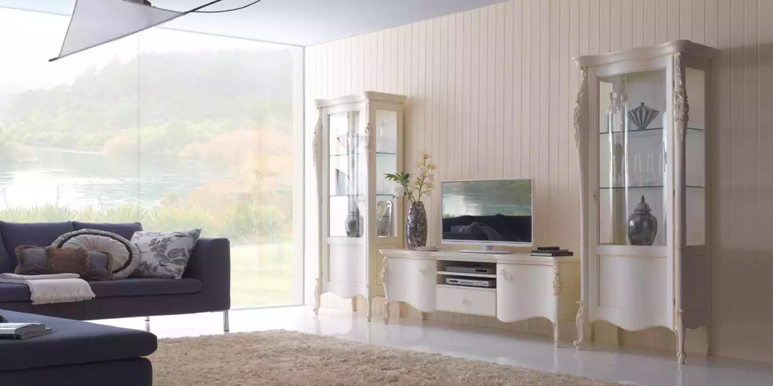 Wohnwand Weiß Set Vitrine Wohnzimmer TV Ständer Holz Luxus Möbel