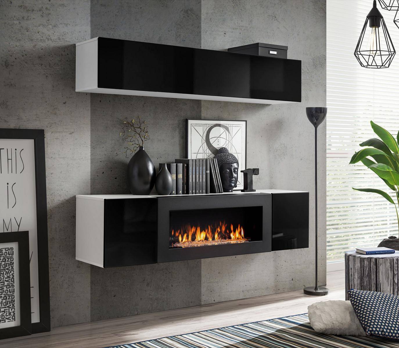 Wohnwand Schwarz Hänge Sideboard Schrank Kommode 2tlg mit Kamin Hochglanz