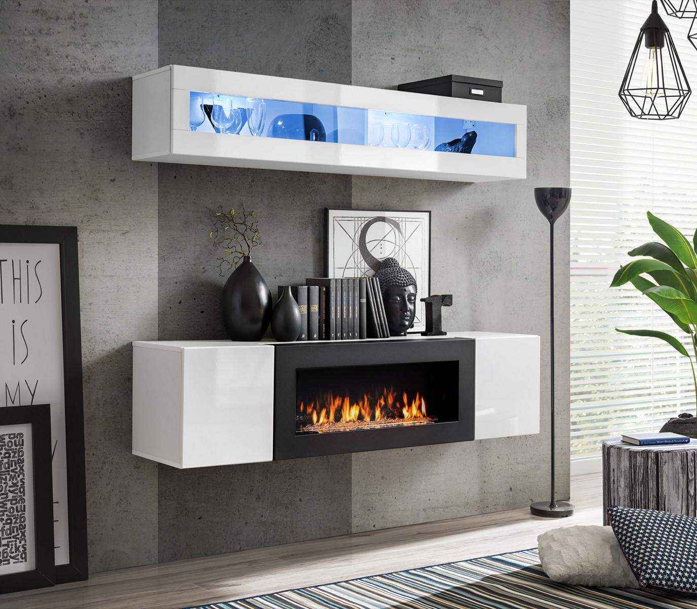 Garnitur Wohnwand Luxus Weiß Hänge Sideboard Wohnzimmer Modern Möbel Set 2 tlg.