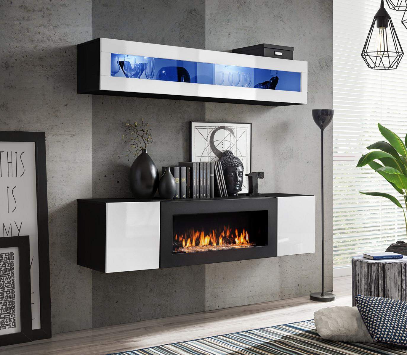 Wohnwand Set 2tlg Sideboard mit Kamin Schrank Wohnzimmer Hochglanz Möbel Neu