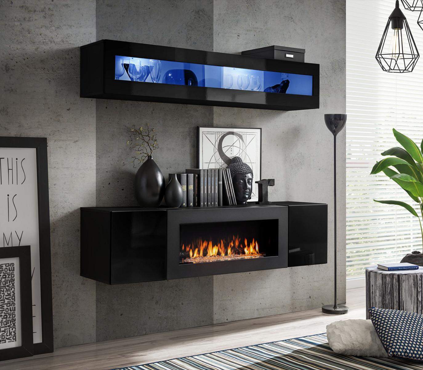 Wohnwand Set 2tlg. Wohnzimmer Sideboard mit Kamin Holz Wandschrank Neu Hochglanz