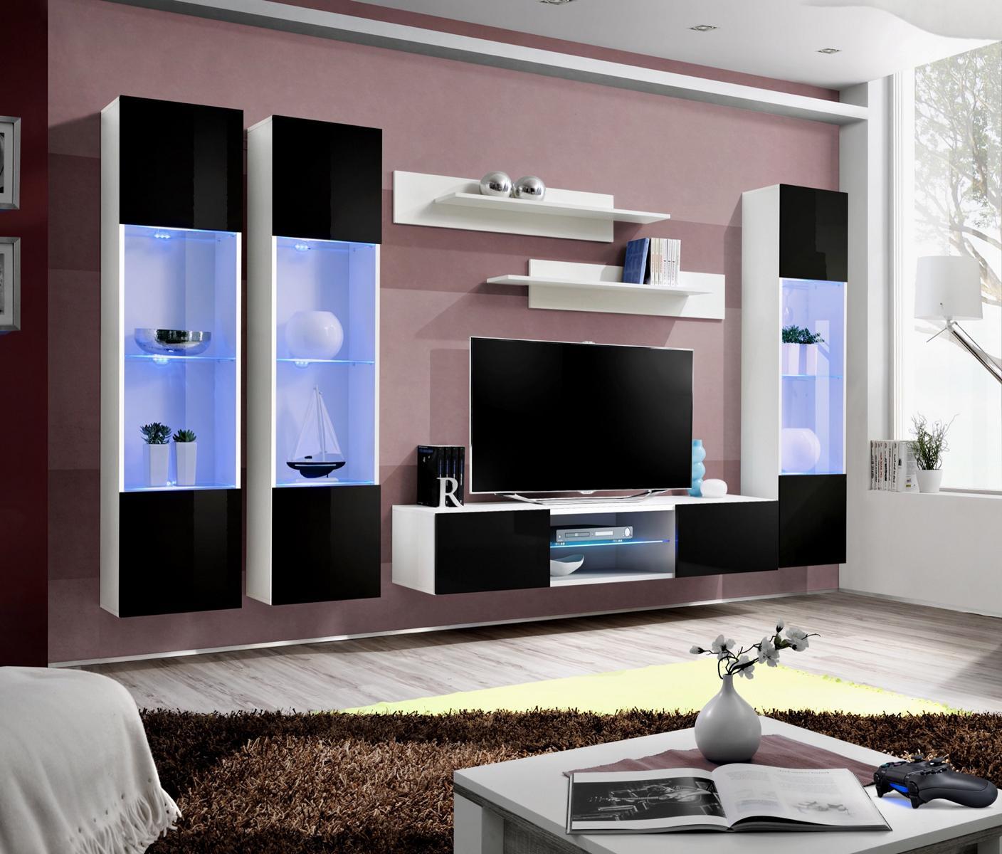 Wohnwand TV-Ständer Sideboard Hänge Vitrine Holz Weiß Luxus Wohnzimmer