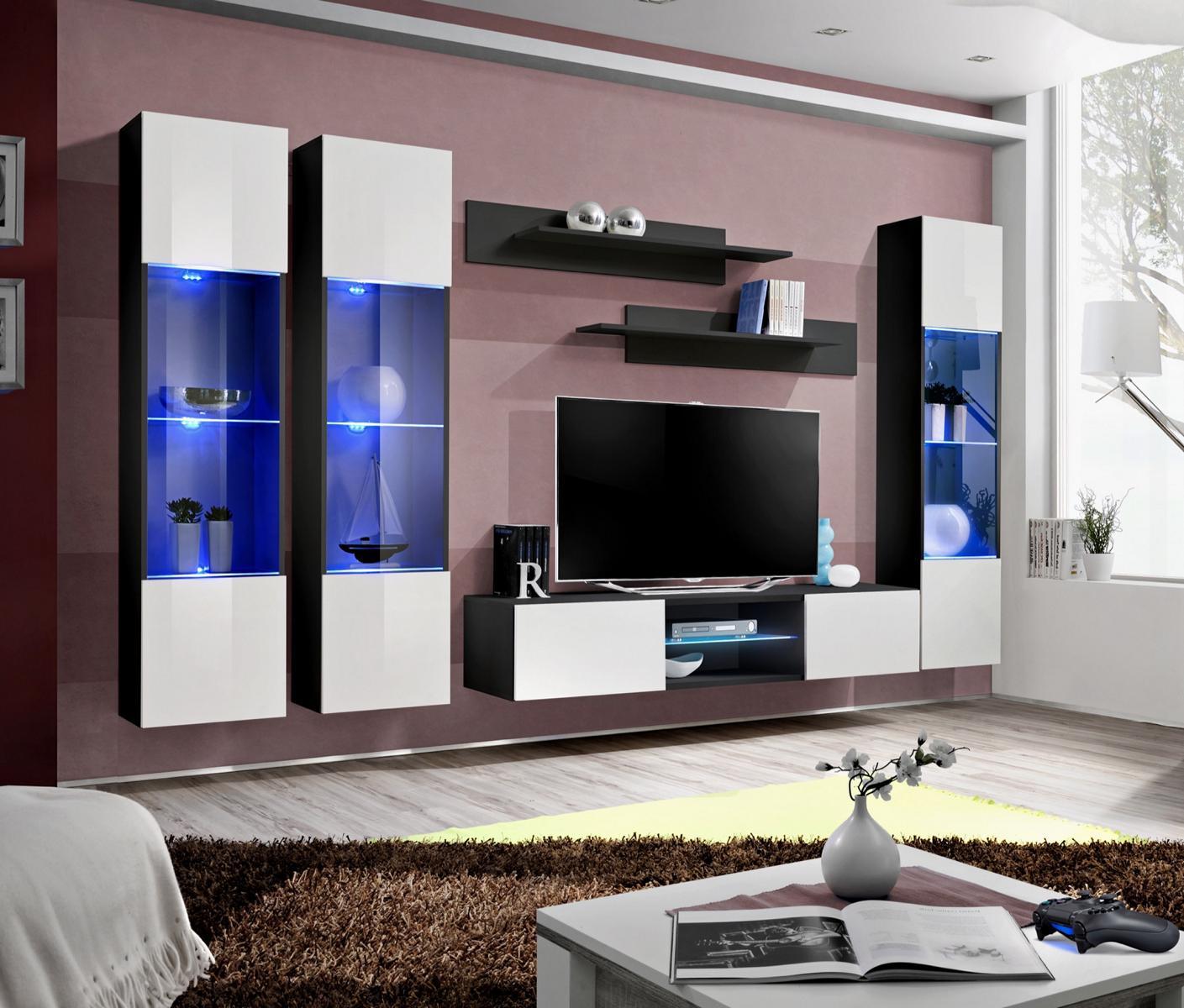 Wohnwand Komplett Set Hänge Vitrine Einrichtung Luxus TV Ständer Sideboard Holz