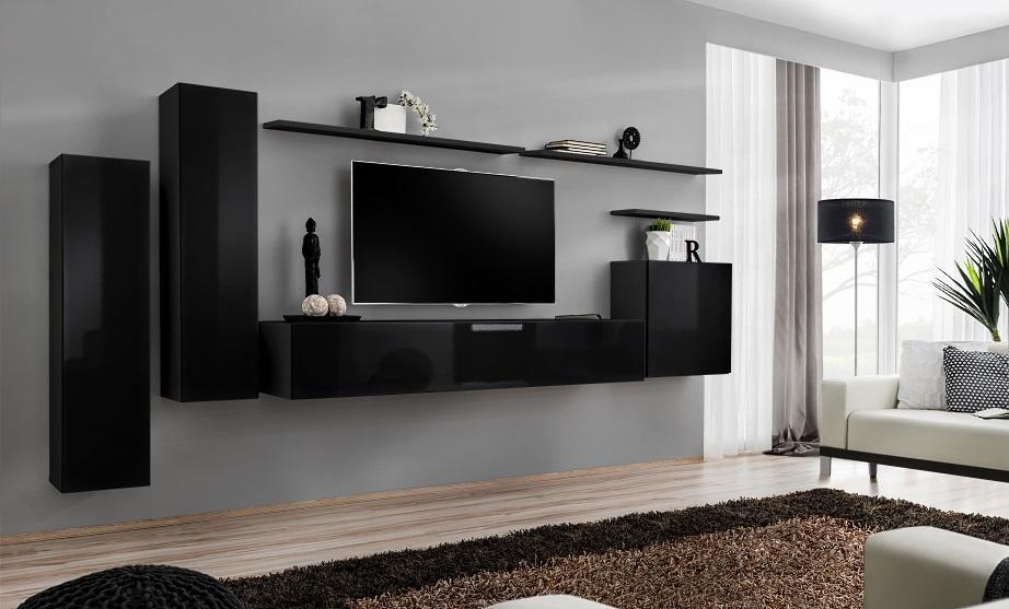 Komplette Set 7tlg Schwarz Wohnwand TV Ständer Wohnzimmer Designer Wandschrank