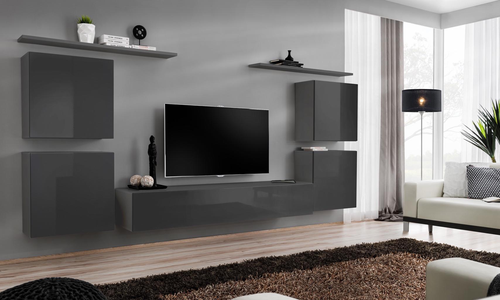 Grau Wand Wohnwand Wohnzimmer Möbel luxus TV Ständer Wandregal Schrank Regal Neu