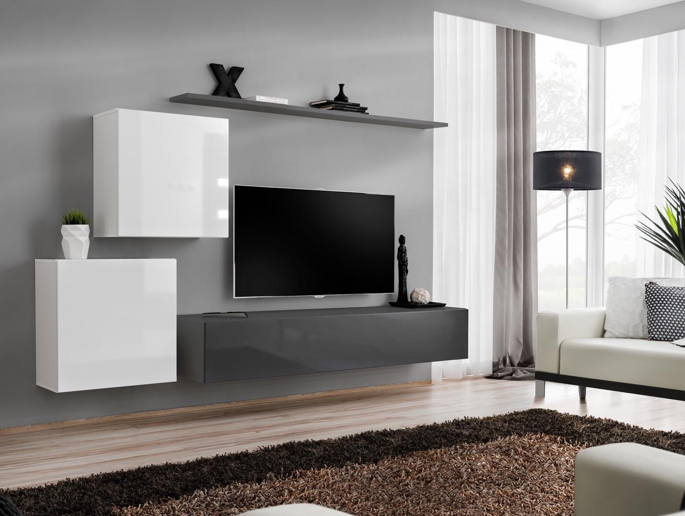 Wohnwand Wohnzimmer Set Grau Sideboard Wandregal 4tlg Set Designer Holz Neu