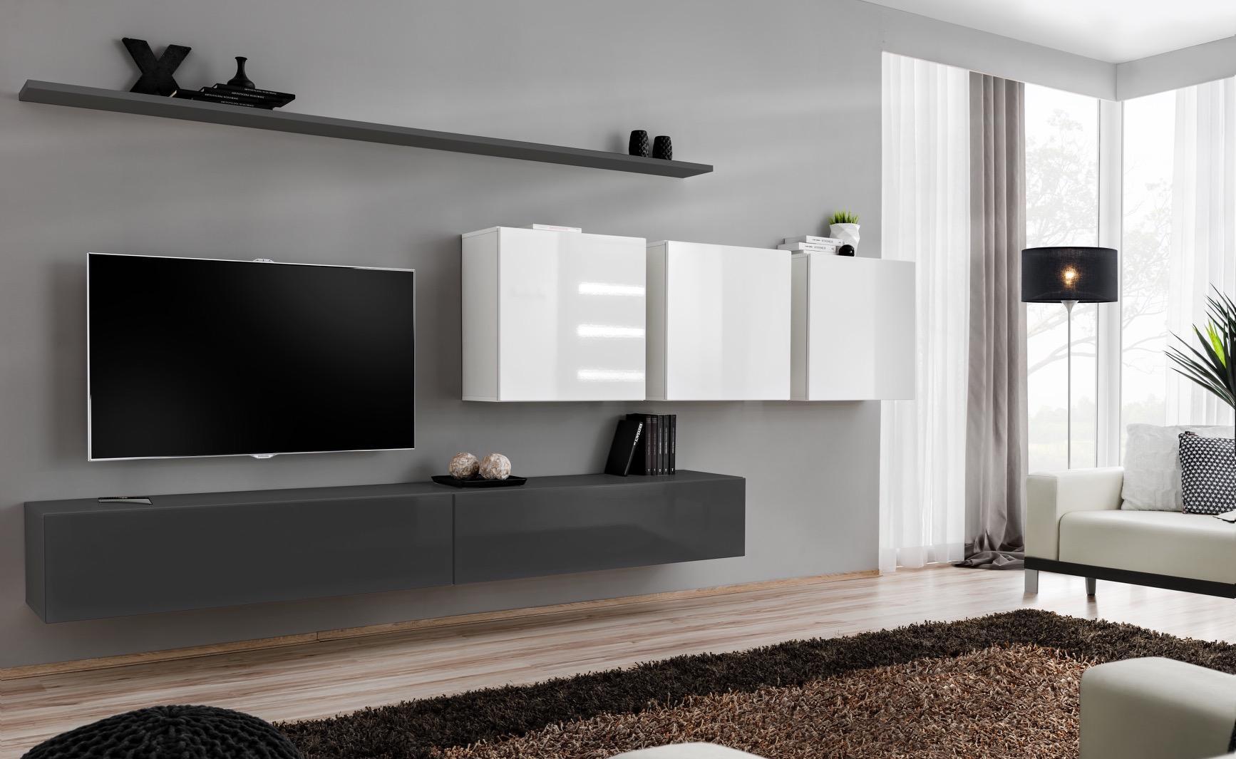 Holzmöbel Wohnwand Grau Designer TV-Ständer Hochglanz Sideboard Wandschrank