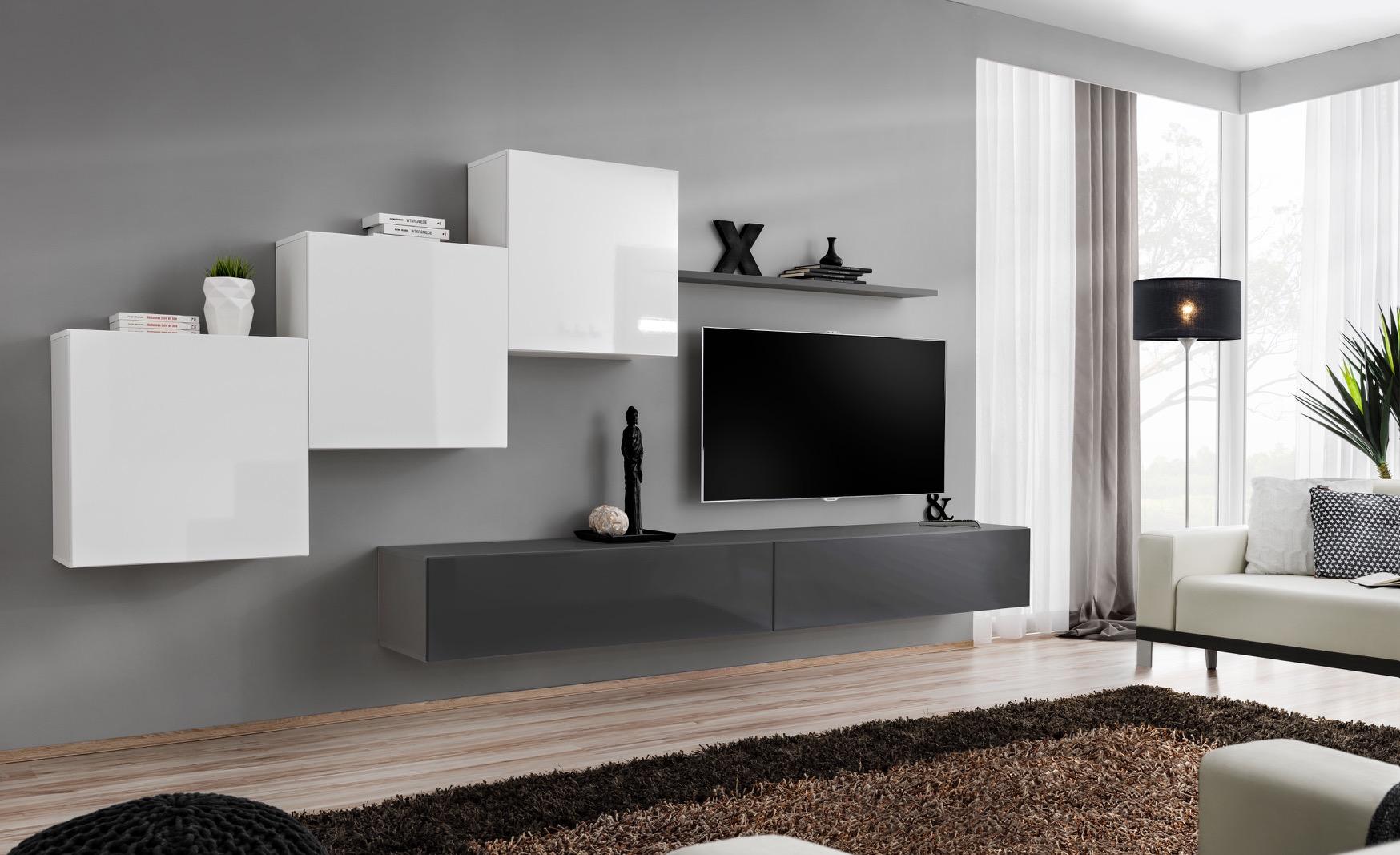 Designer Wohnwand Grau TV Ständer Moderne Sideboard Wandregal TV Ständer Neu