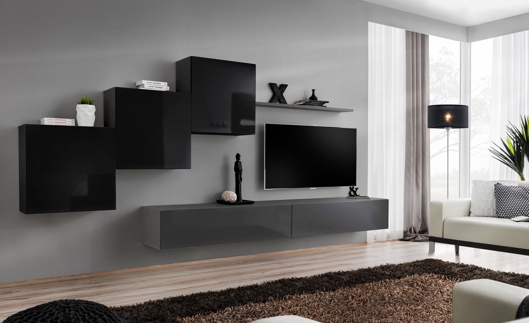 Wohnzimmer Set Wandregal TV-Ständer Grau Wohnwand Luxus Schrank Design 6tlg.Neu
