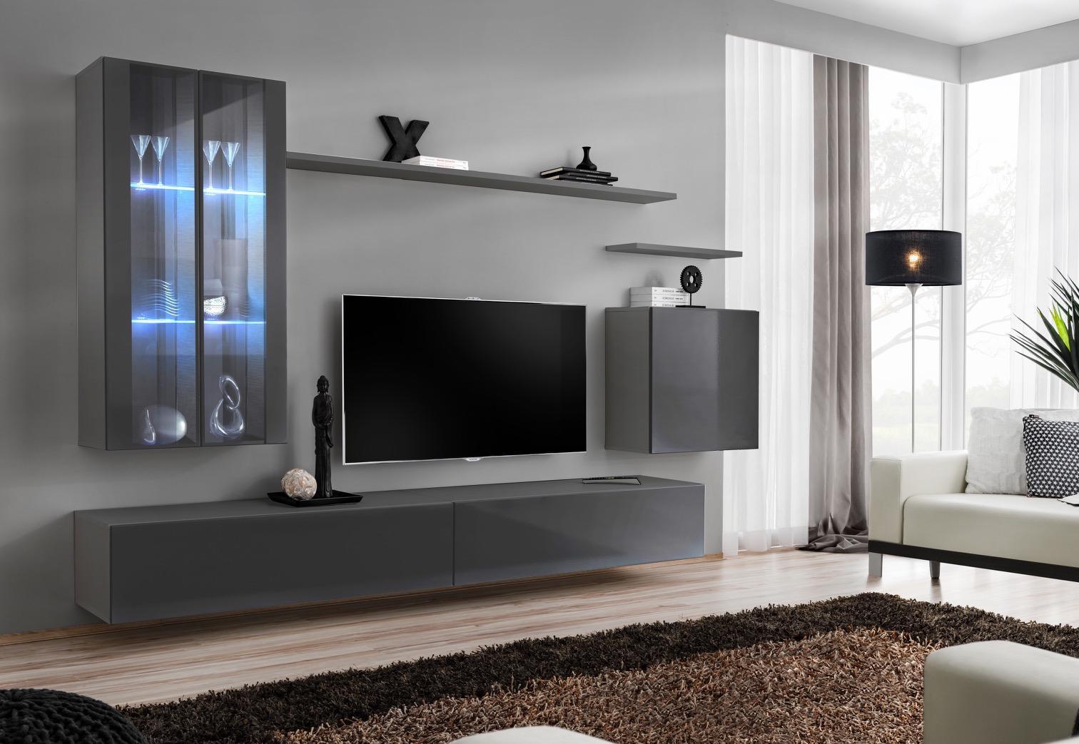 Wohnwand Grau Wohnzimmermöbel Wandschrank Holzmöbel Luxus Sideboard Neu