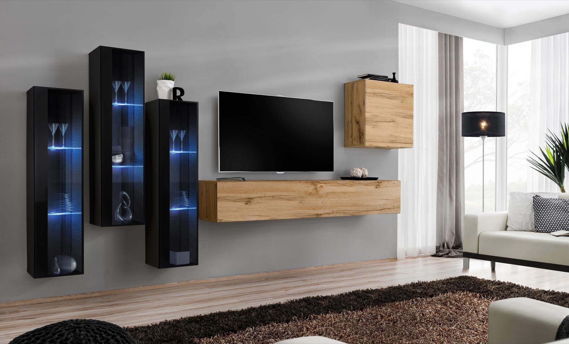 Modern Wohnwand Braun TV Ständer Wand Schrank Holzmöbel Designer Hochglanz