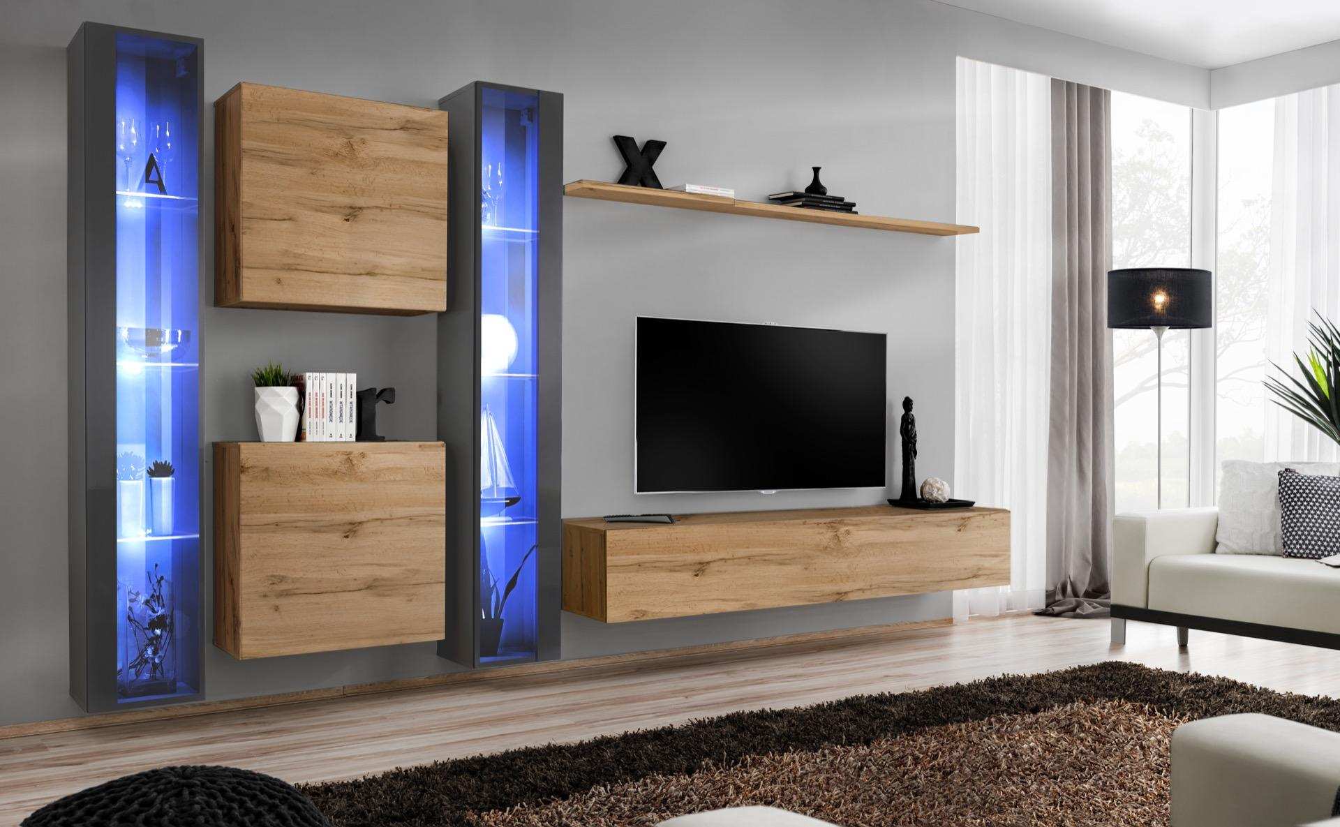 Komplett Braun Wohnwand Set Hänge Vitrine Wand Schrank Einrichtung Modern Design
