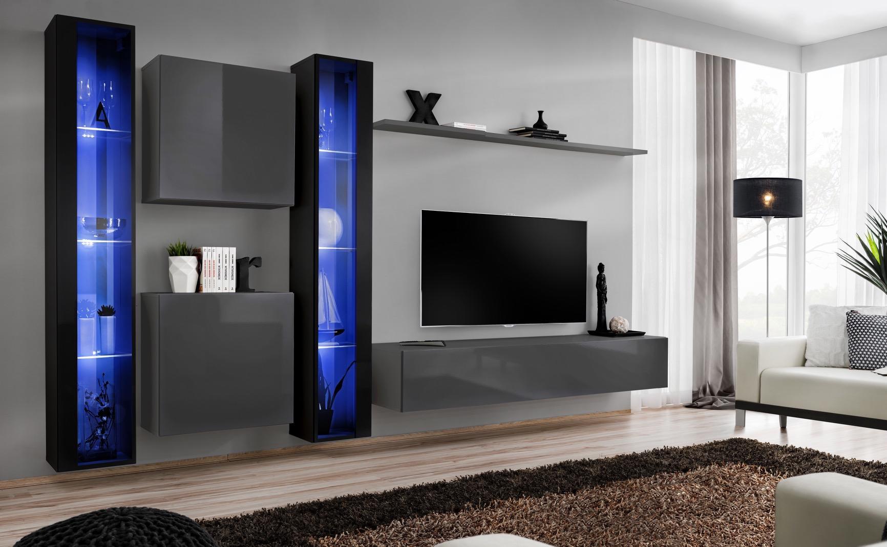Wohnzimmermöbel 2x Wandschrank Grau Modern Sideboard Einrichtung Hänge Vitrine