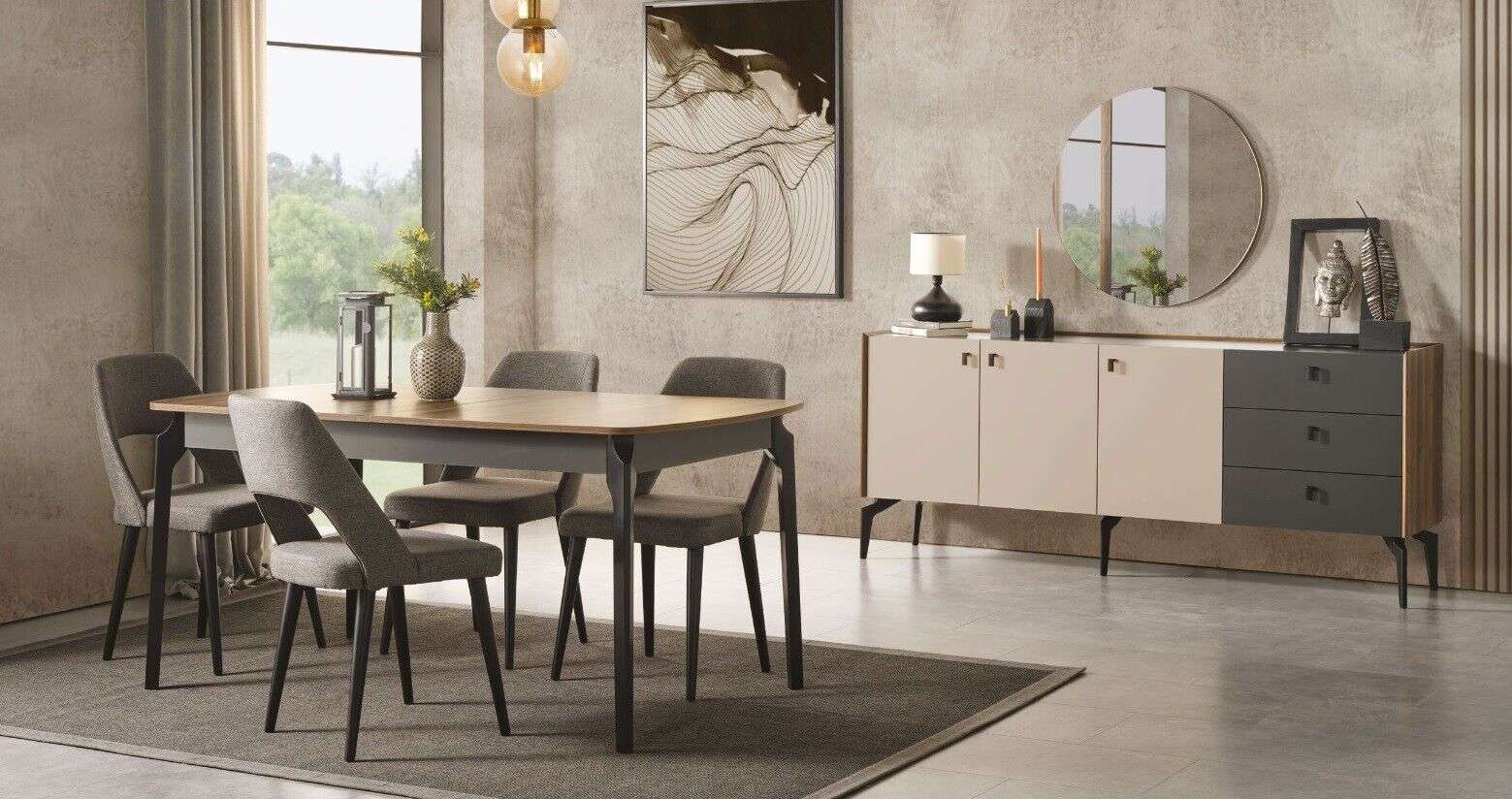 Luxus Esszimmer Set Esstisch 4x Stühle Sideboard mit Spiegel Set