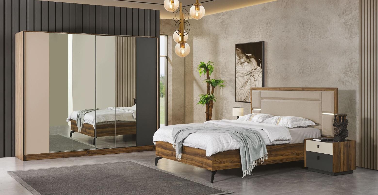 Bett Nachttisch Kleiderschrank 4 tlg Schlafzimmer Set Design Modern Luxus