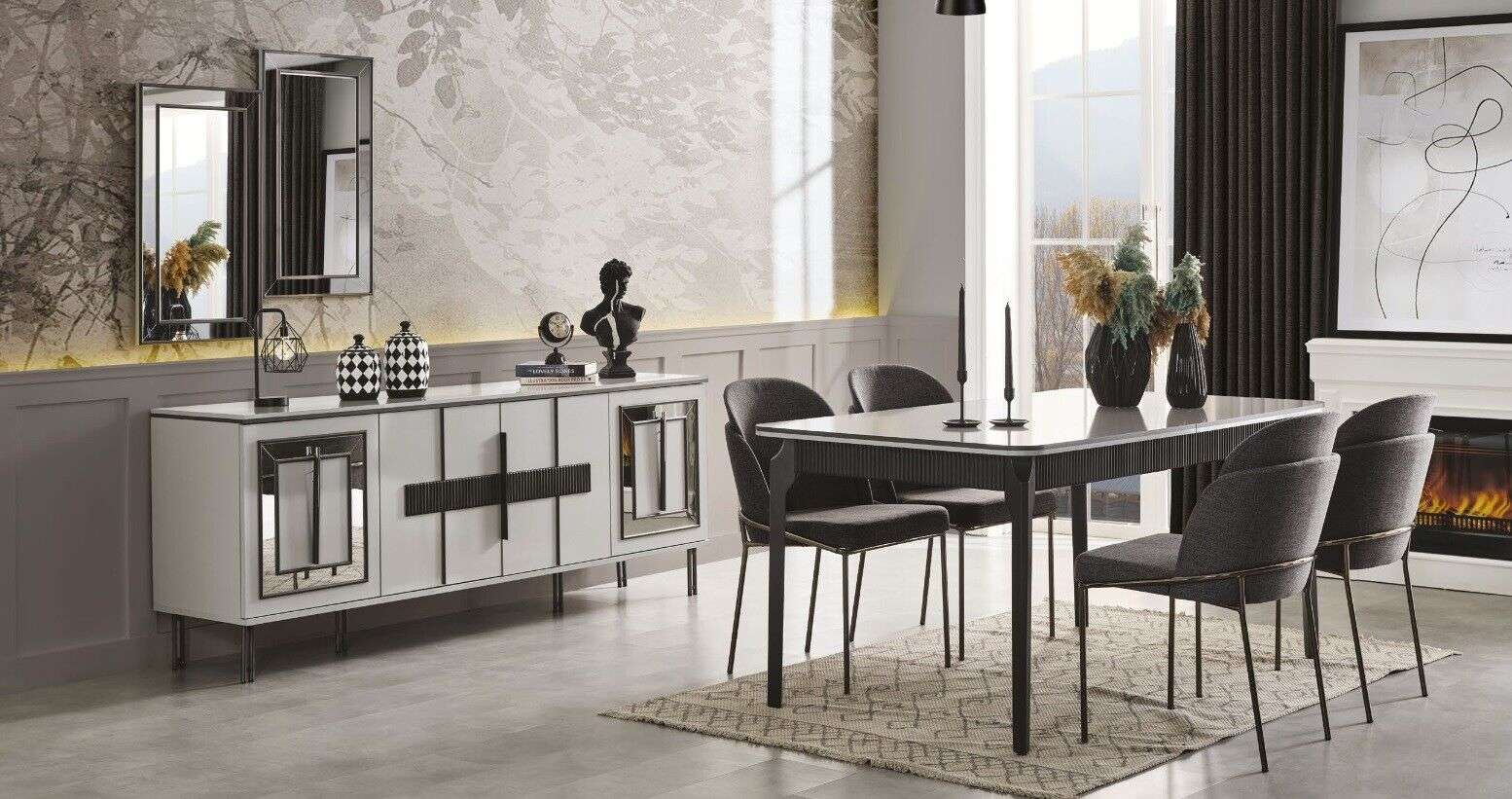 Esszimmer Set Esstisch Holz Metall Luxus 4x Stühle Design 7tlg Sideboard