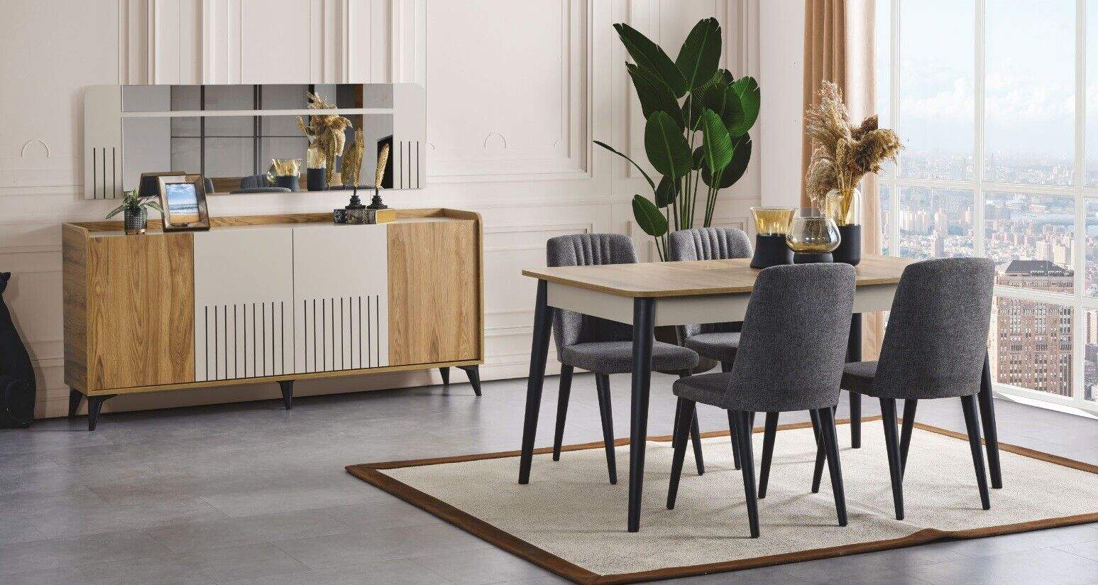 Esszimmer set Esstisch 4x Stühle und Sideboard mit Spiegel modern Set