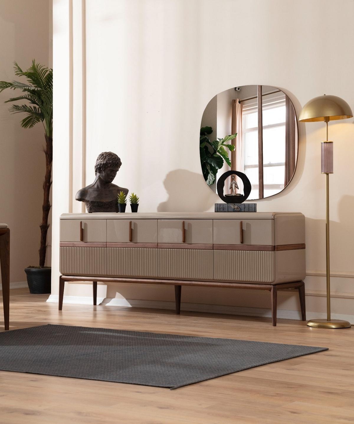 Beige Esszimmer Möbel Luxus Holz Anrichte 4-türig Glas Spiegel 2tlg Set