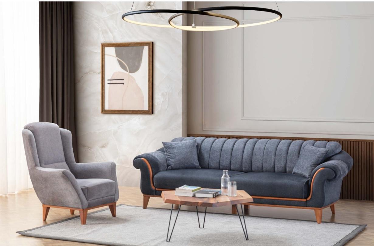 Blau-Graue Wohnzimmer Sitzgarnitur Stilvoller 3-Sitzer Luxus Sessel 2tlg