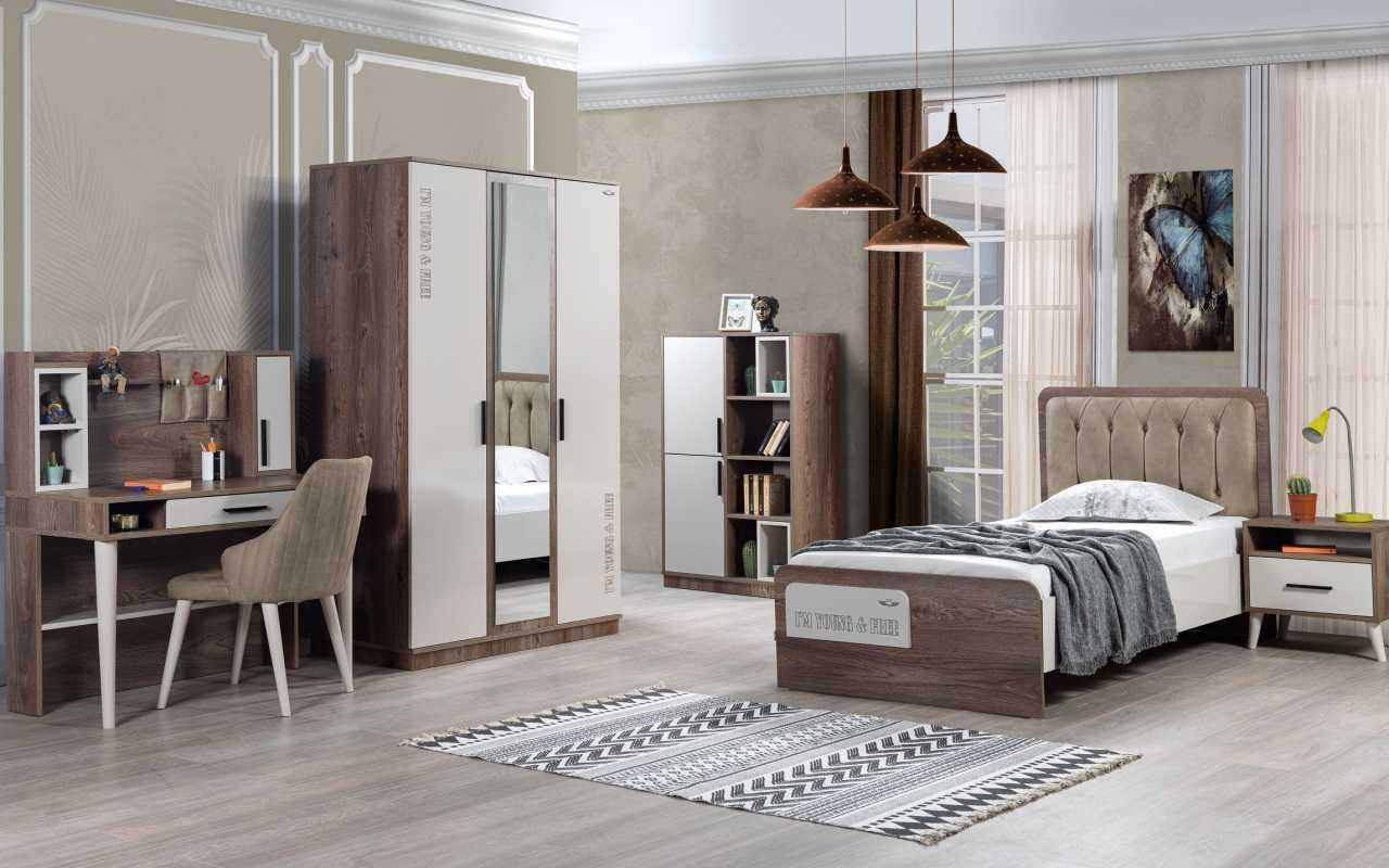 Komplettes Jugendzimmer Set Bett Bücherregal Nachttisch Holzmöbel 5tlg