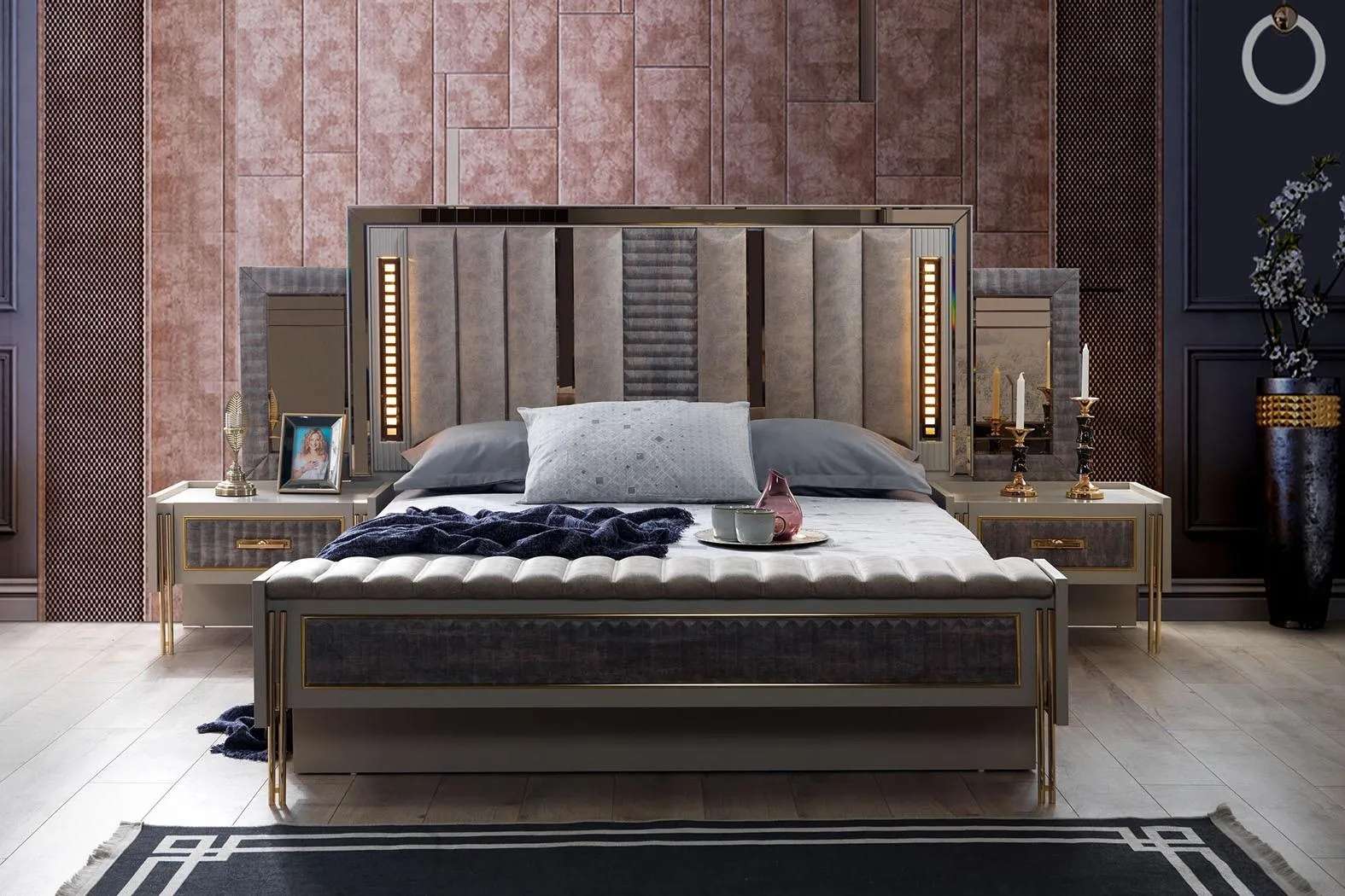 Schlafzimmer Set Bett 2x Nachttische Möbel 3tlg Modern Design Sets