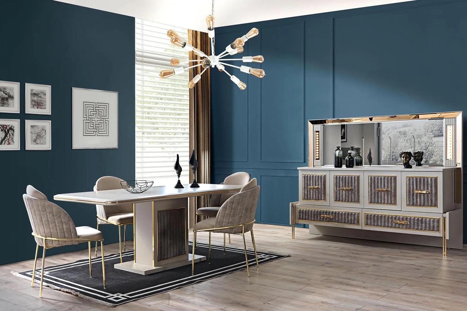 Luxur Esszimmer Set Esstisch 6x Stühle Anrichten mit Spiegel 8 tlg