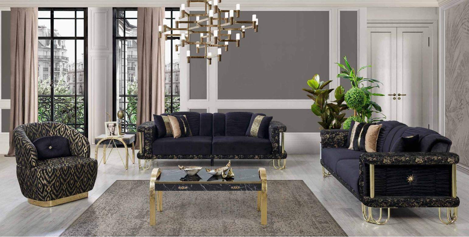 Schwarze Couchgarnitur 2x Dreisitzer Polster Sessel Moderne Sitz Möbel