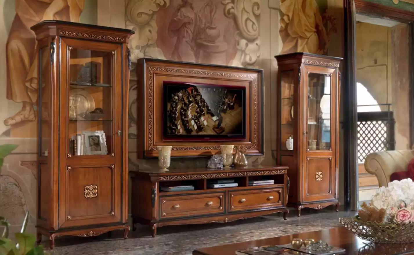 RTV Lowboard Klassische Wohnwand TV-Rahmen Braun Wohnzimmer Set 4tlg