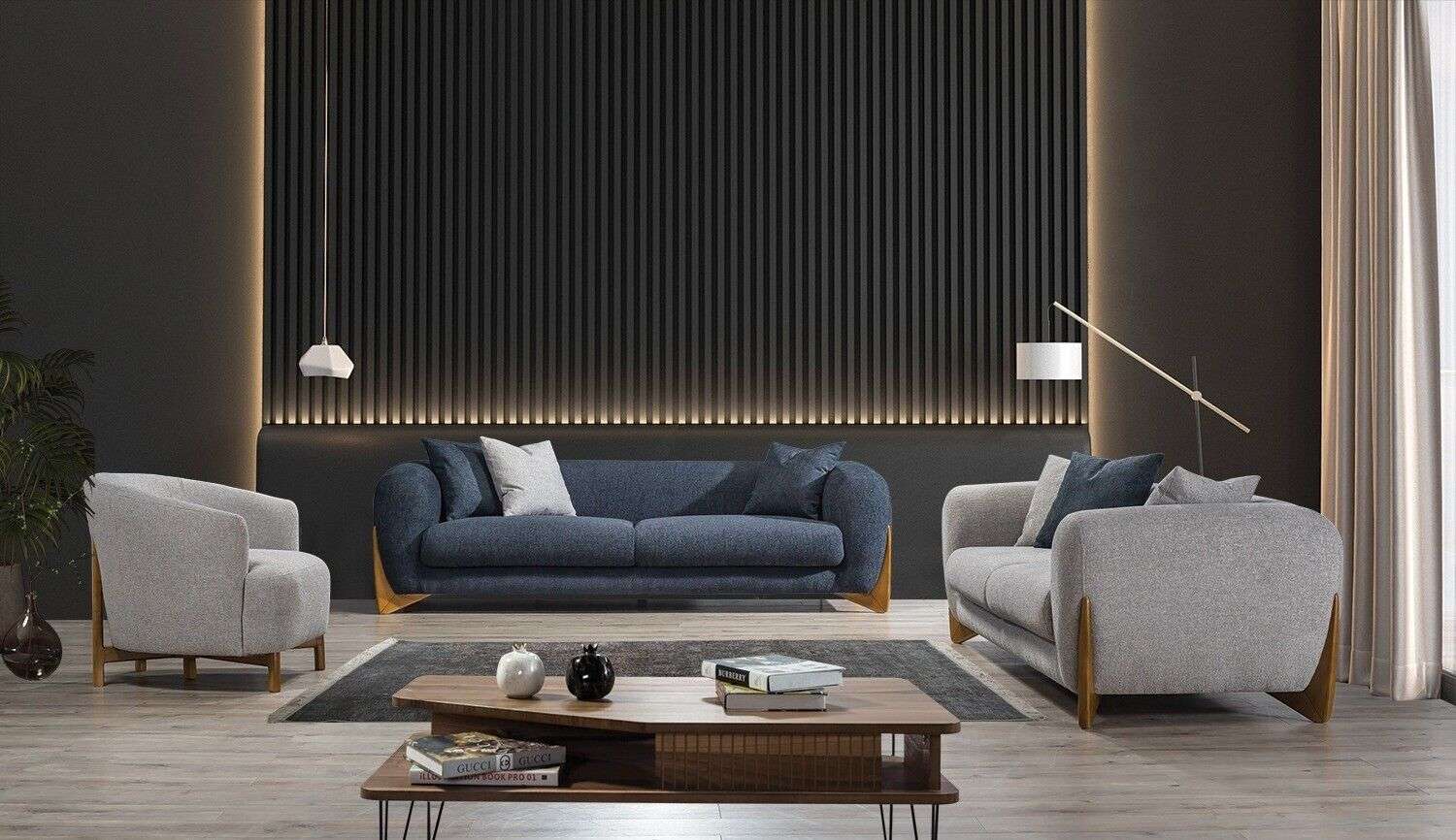 Textil Sofagarnitur 3+3+1 Sitzer Sofa Set Grau Couchen Holz Möbel Sofort