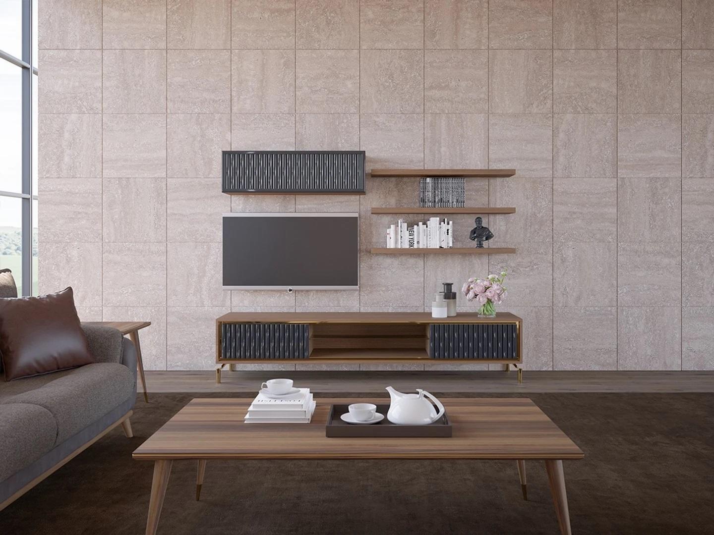 Komplett Wohnwand Wandschrank Holzmöbel Modern Set 5tlg 3x Wandregale Neu