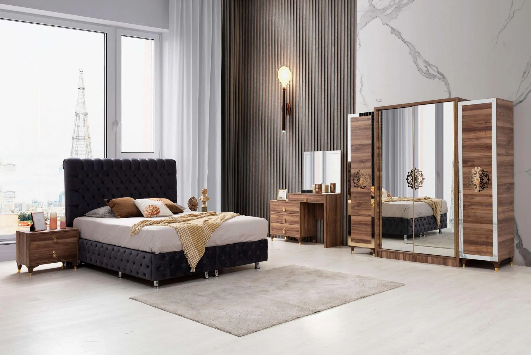 Modernes Schlafzimmer Chesterfield Doppelbett Nachttische Garnitur 5tlg