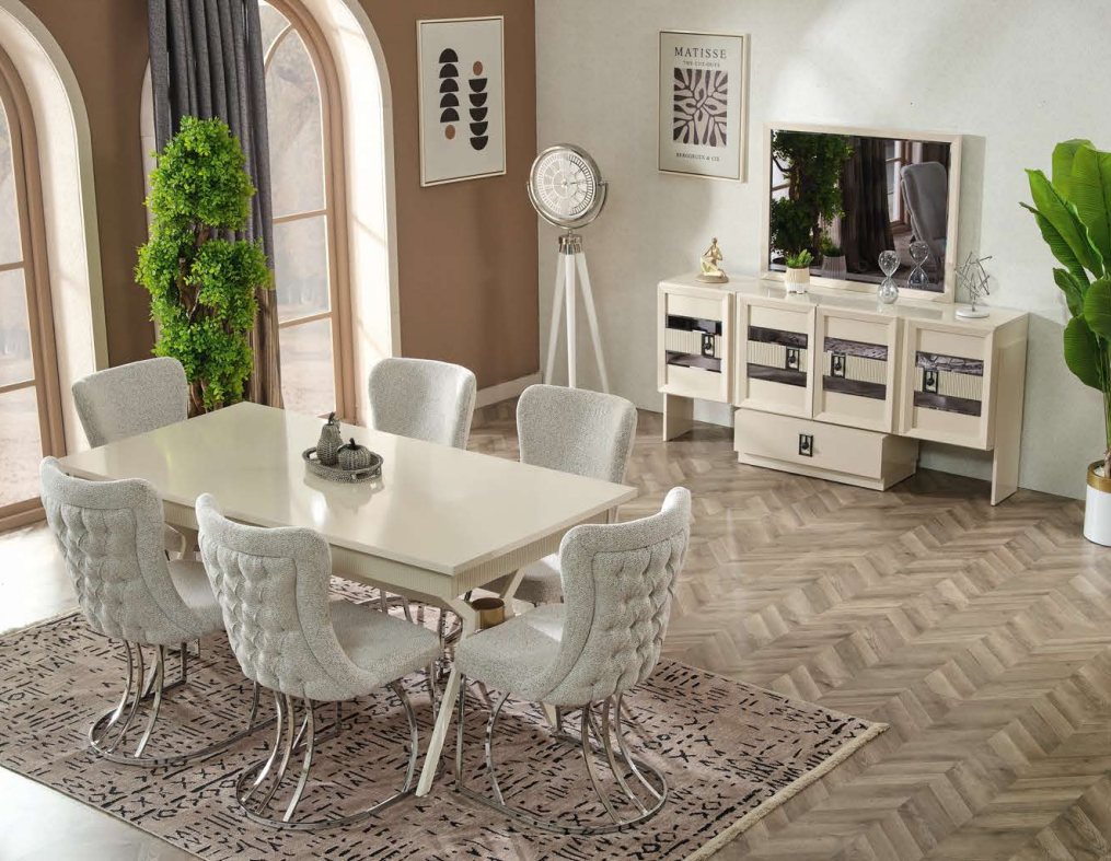 Esszimmer Set 9tlg Esstisch Modern 6x Stühle Sideboard mit Spiegel Holzmöbel