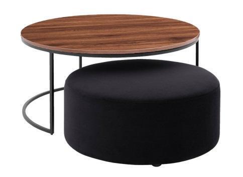 Brauner Couchtisch + Textil gepolsterter schwarzer Sitzhocker Set