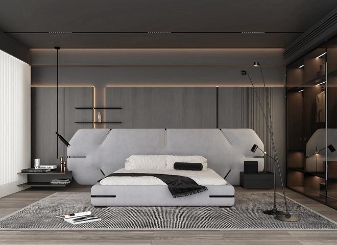 Modernes graues Bett mit elegantem Kopfteil und stilvollem Design Schlafzimmer