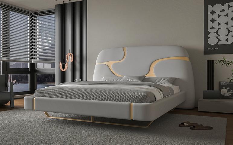 Luxus Bett mit Gold Akzenten Modernes Design Gepolstertes Kopfteil Schlafzimmer