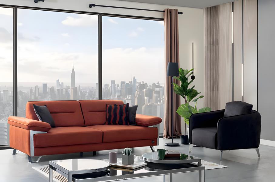 Sofagarnitur 3+1 Sitzer Terrakotta Anthrazit Stoff Chromfüße Modern Design