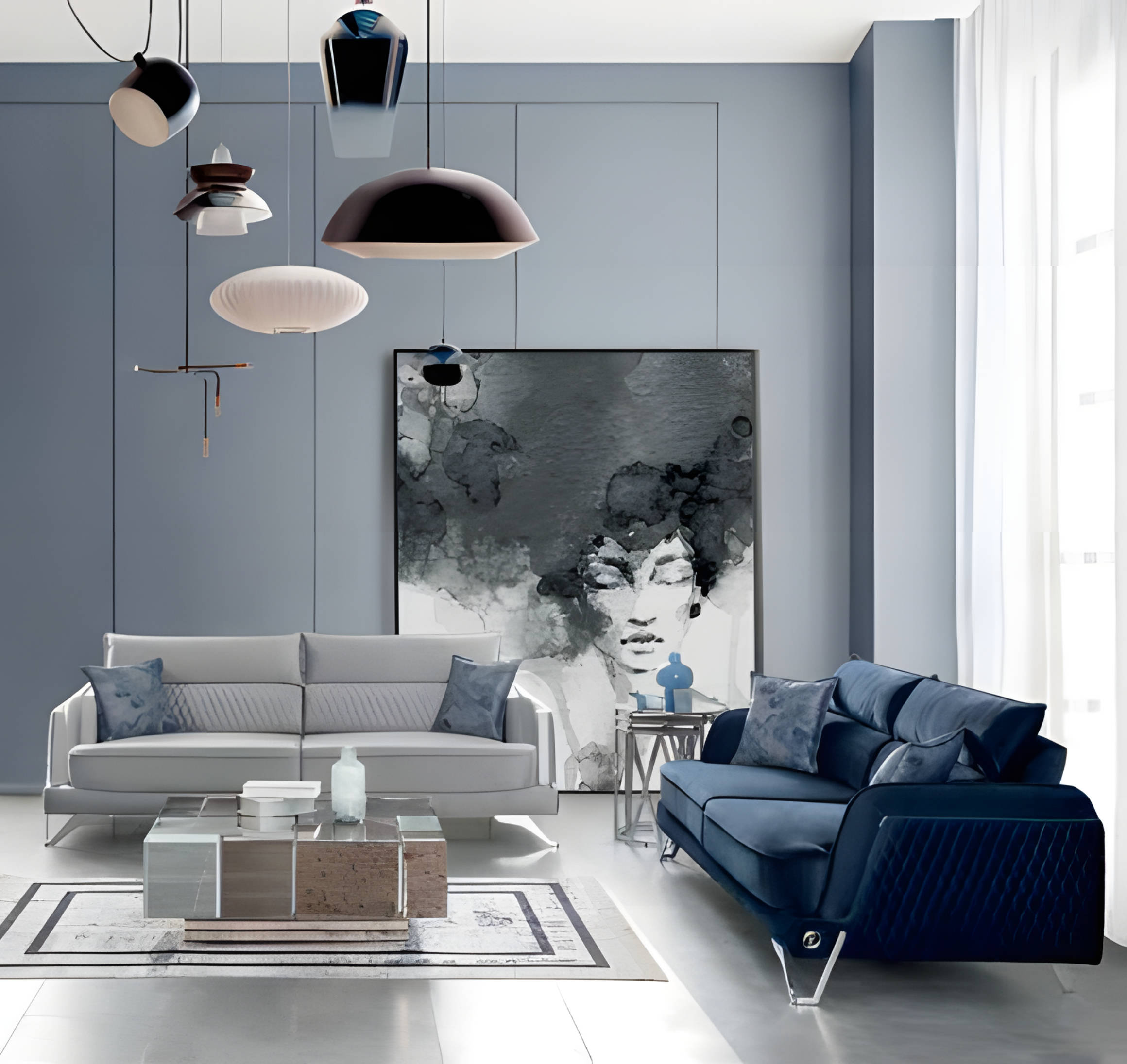 Sofagarnitur 3+3 Sitzer Weiß Blau Stoffbezug Chromfüße Modern Elegantes Design