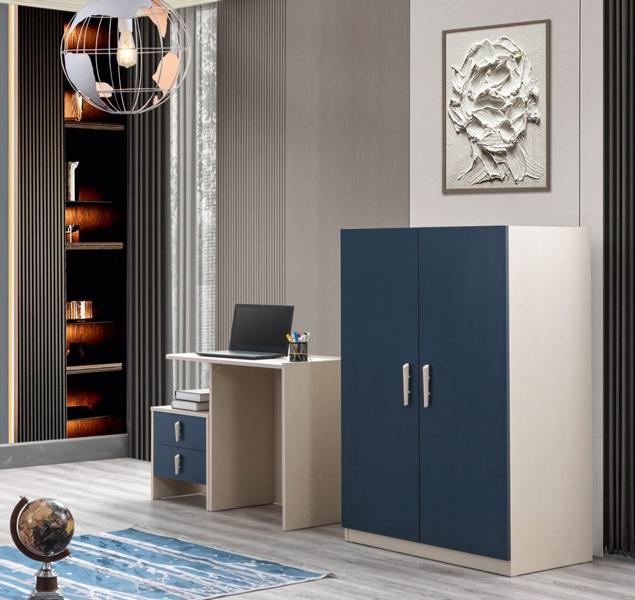 Blaues 3-tlg. Möbelset aus Holz für Schlafzimmer und Home-Office