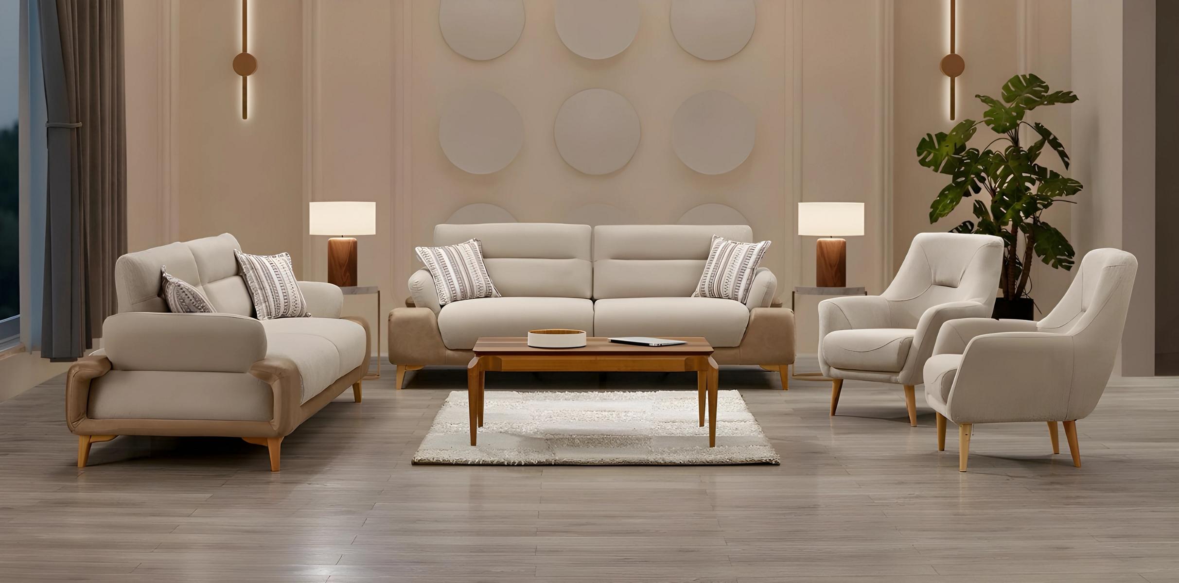 Moderner beiger Stoffwohnzimmerset mit Holzrahmen und Komfort